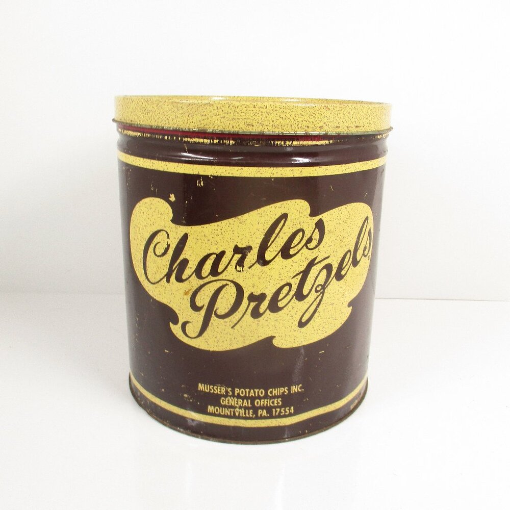 Vintage Original Charles Pretzels Tin Container by Charles Chips Advertising can